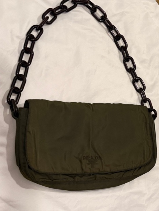 Prada Handbags - Prada Tessuto Olive Nylon Shoulder Bag with Brown Chain Strap